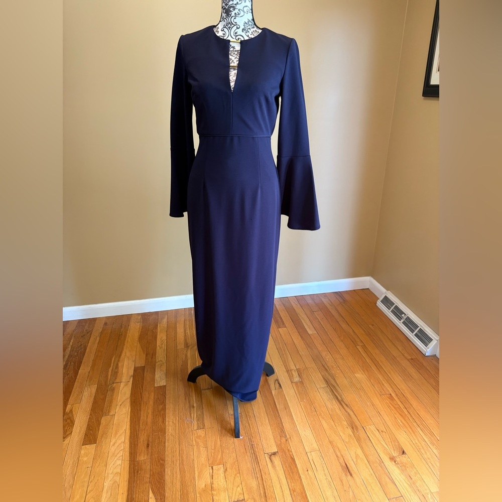 JS Collections Elegant Long Sleeve Dress in Deep Blue